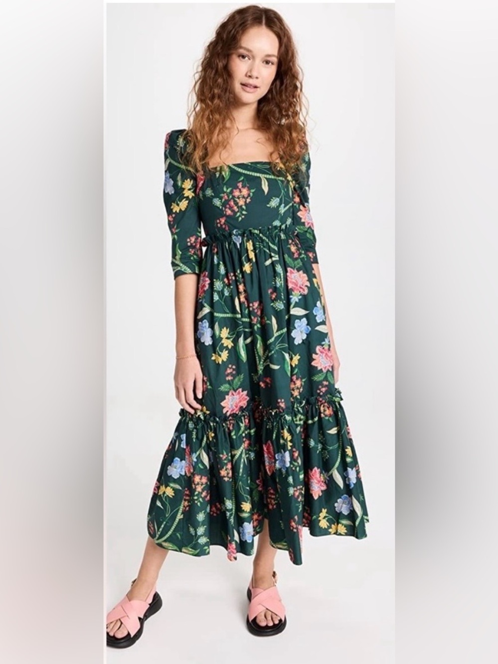 Cara Cara Blue Hill Floral Cotton Square Neck Midi Dress Size 0